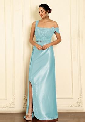 Blue Skirt Set With Hand Embroidered Blouse