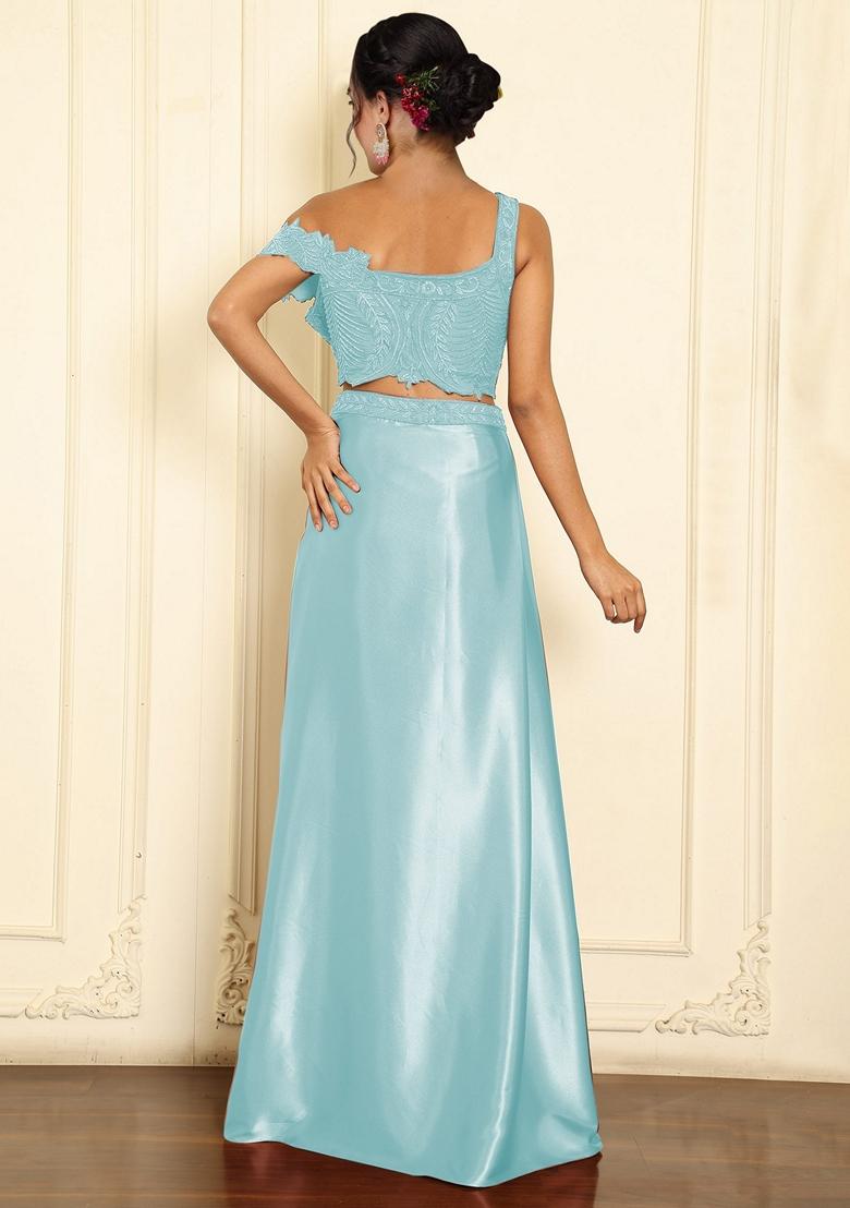 Blue Skirt Set With Hand Embroidered Blouse