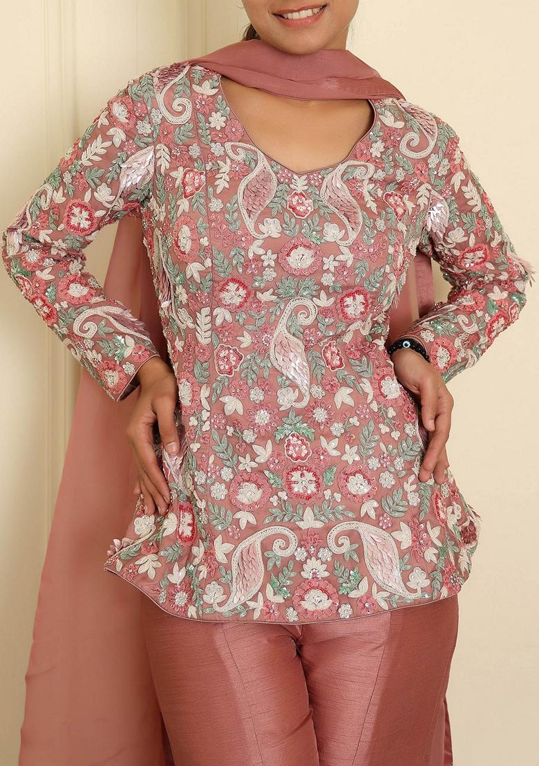 Pink Sharara Set With Hand Embroidered Blouse And Dupatta