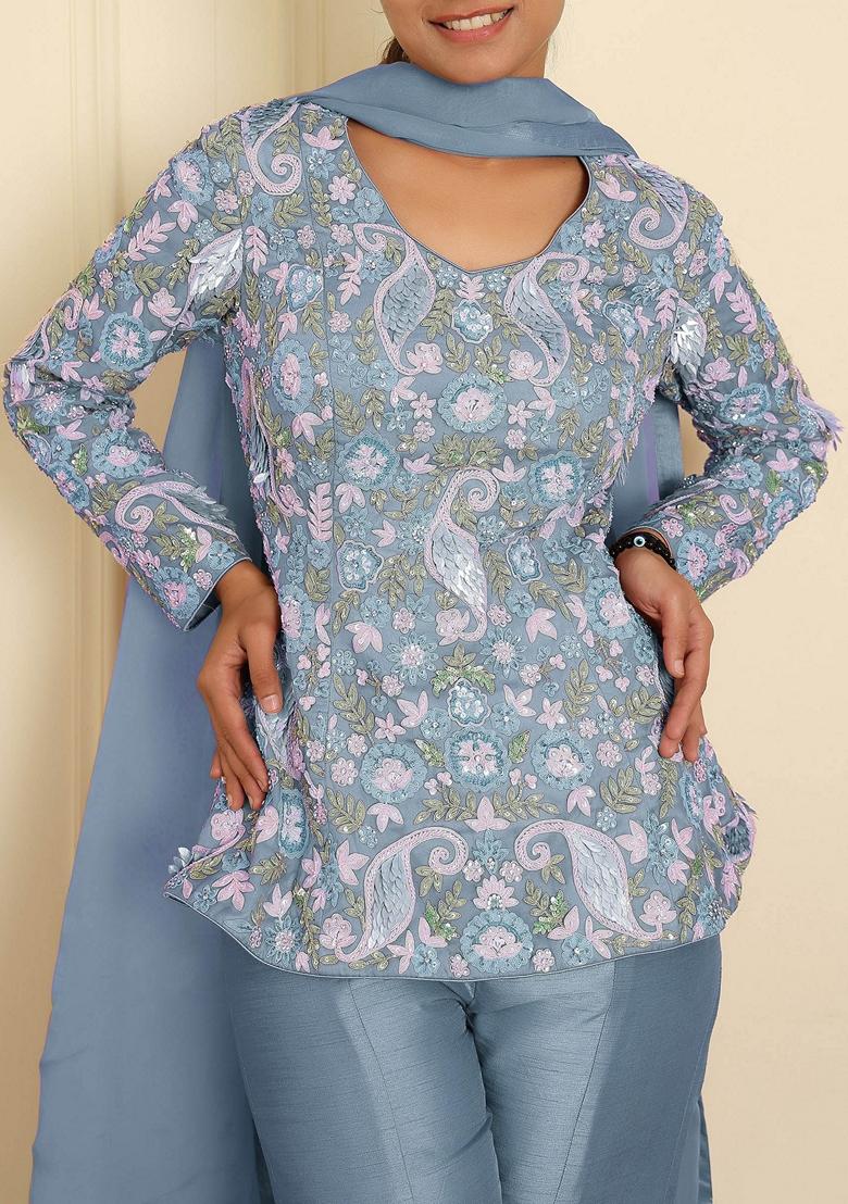 Blue Sharara Set With Hand Embroidered Blouse And Dupatta