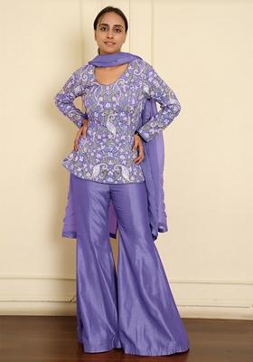 Blue Sharara Set With Hand Embroidered Blouse And Dupatta