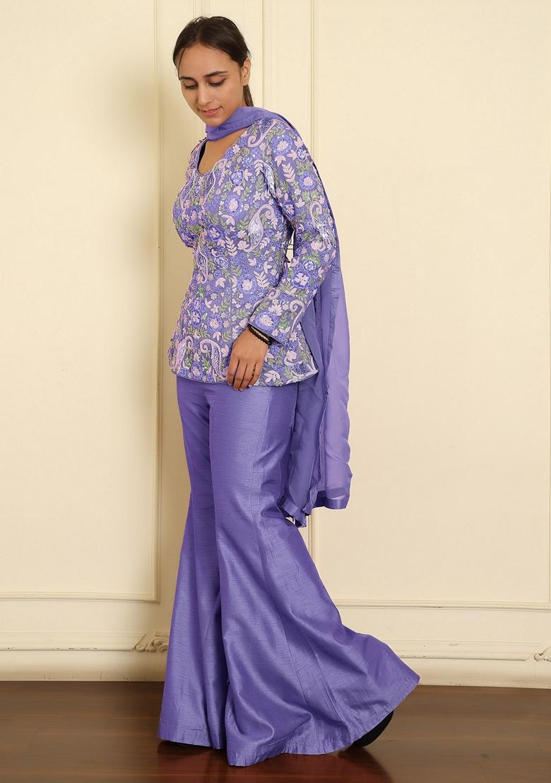 Blue Sharara Set With Hand Embroidered Blouse And Dupatta