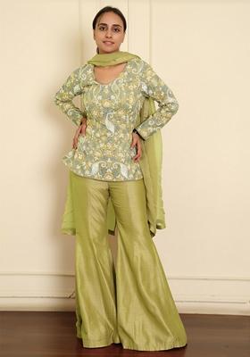 Green Sharara Set With Hand Embroidered Blouse And Dupatta