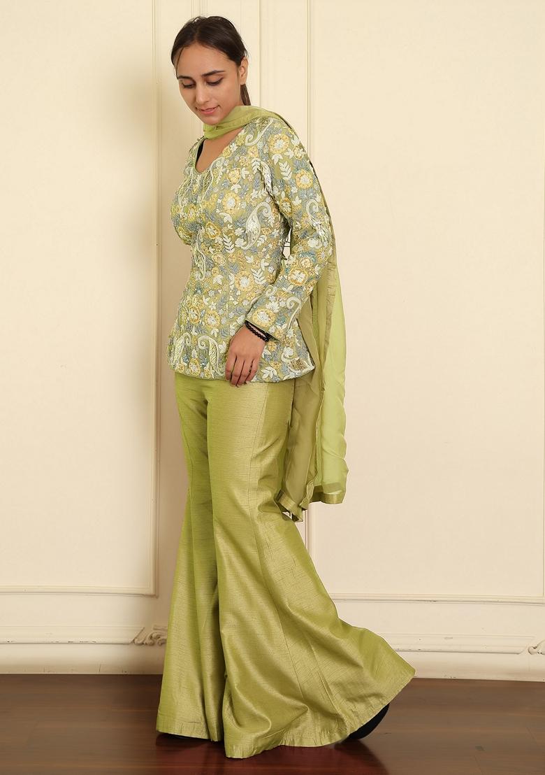 Green Sharara Set With Hand Embroidered Blouse And Dupatta