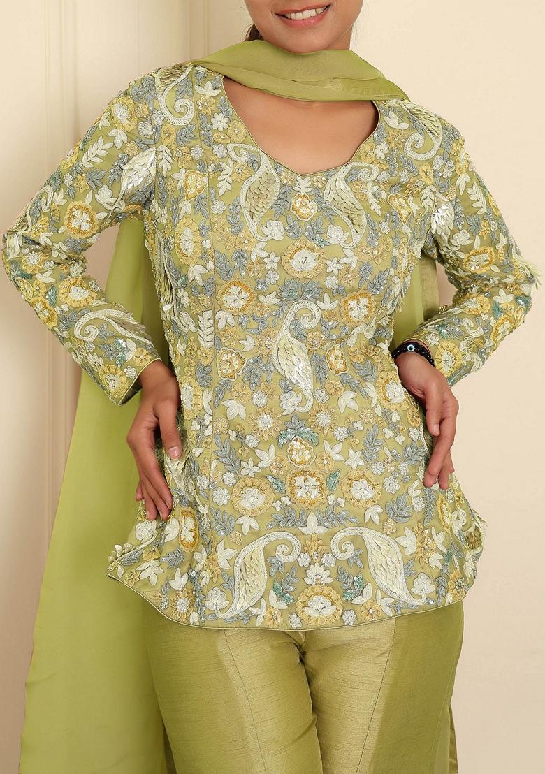 Green Sharara Set With Hand Embroidered Blouse And Dupatta