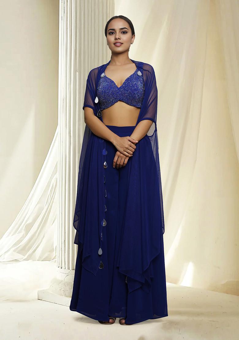 Blue Hand Embroidered Jacket Set With Blouse And Palazzo