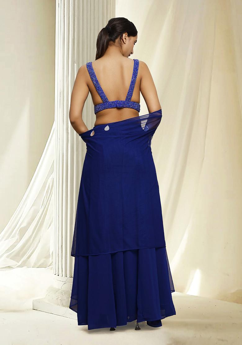 Blue Hand Embroidered Jacket Set With Blouse And Palazzo