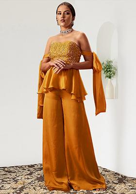 Yellow Palazzo Set With Hand Embroidered Blouse