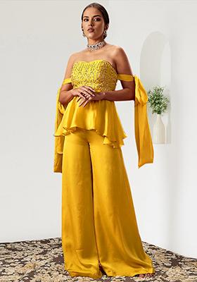 Yellow Palazzo Set With Hand Embroidered Blouse
