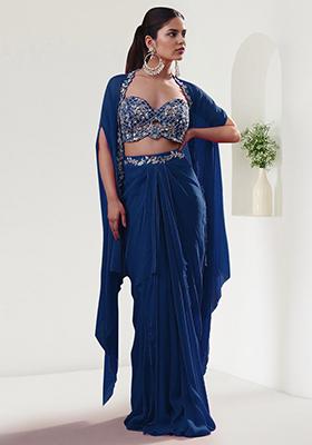 Blue Jacket Set With Hand Embroidered Blouse And Skirt