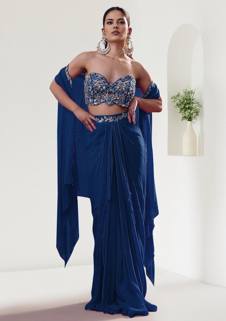 Blue Jacket Set With Hand Embroidered Blouse And Skirt