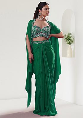 Green Jacket Set With Hand Embroidered Blouse And Skirt