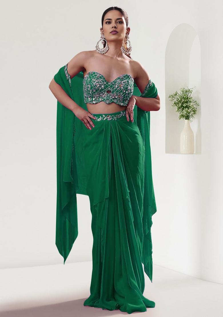 Green Jacket Set With Hand Embroidered Blouse And Skirt