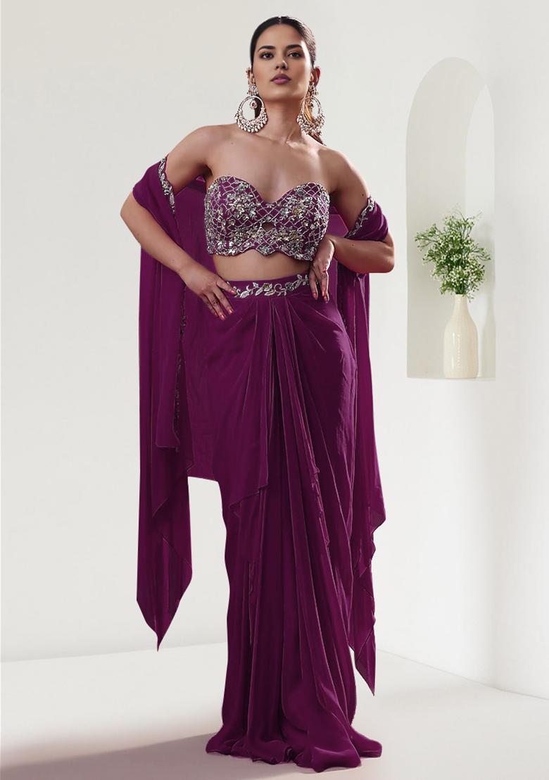 Purple Jacket Set With Hand Embroidered Blouse And Skirt