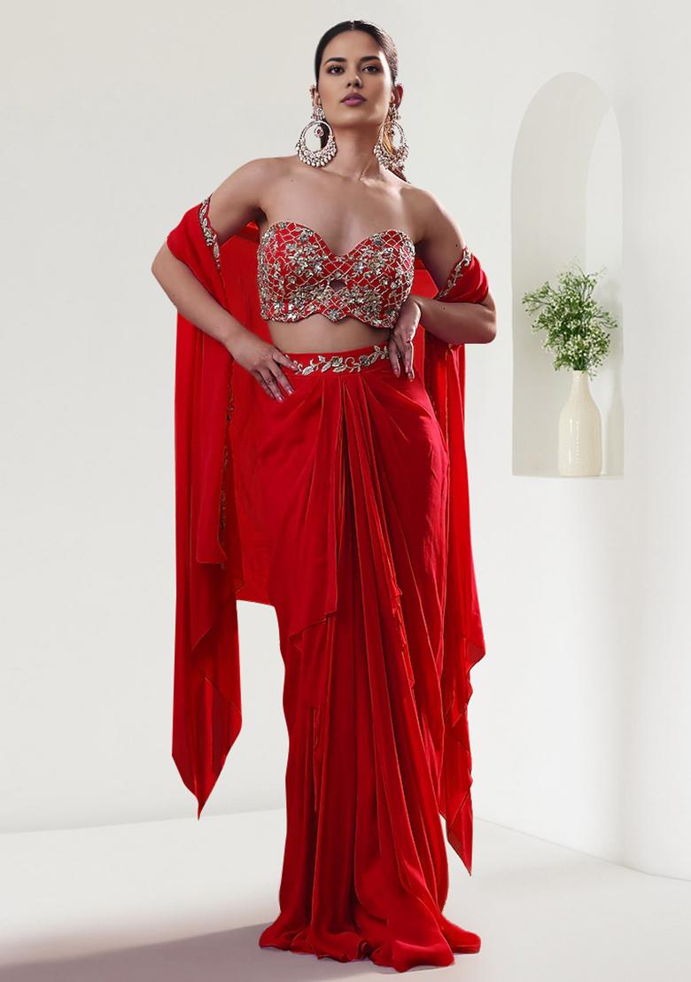 Red Jacket Set With Hand Embroidered Blouse And Skirt