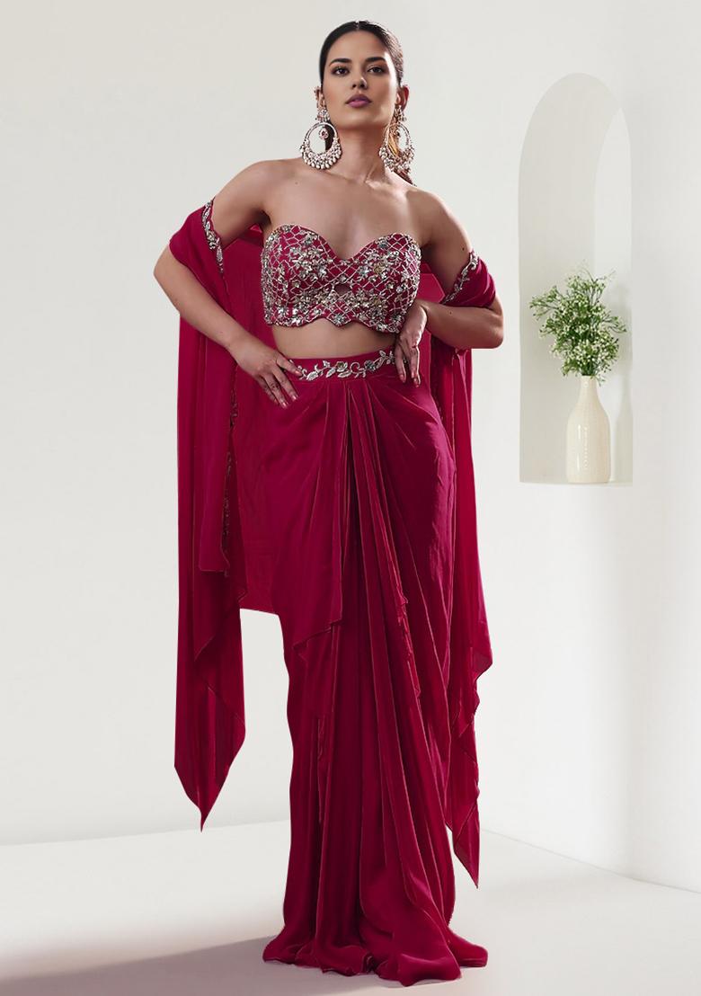 Pink Jacket Set With Hand Embroidered Blouse And Skirt