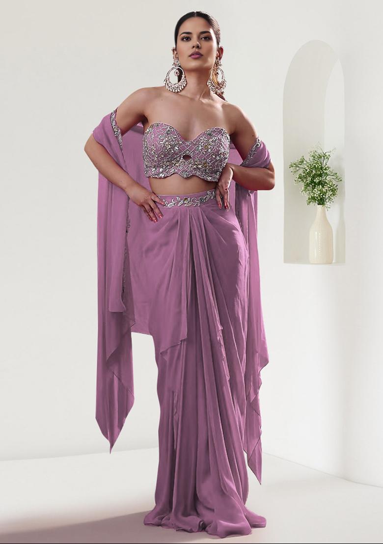 Lilac Jacket Set With Hand Embroidered Blouse And Skirt