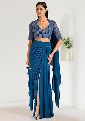 Blue Skirt Set With Hand Embroidered Blouse