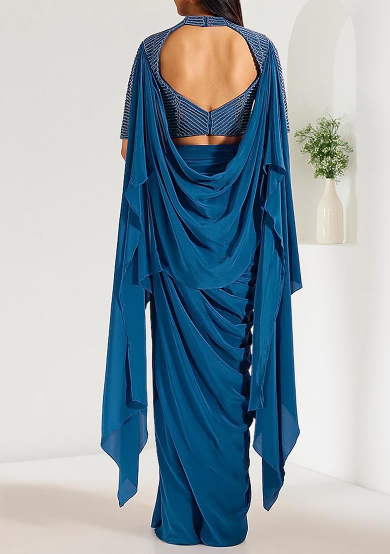 Blue Skirt Set With Hand Embroidered Blouse