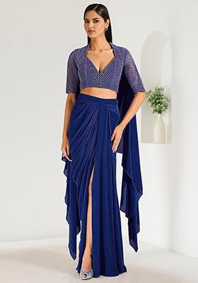 Blue Skirt Set With Hand Embroidered Blouse