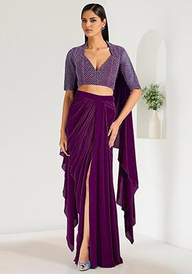 Purple Skirt Set With Hand Embroidered Blouse