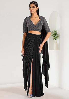 Black Skirt Set With Hand Embroidered Blouse
