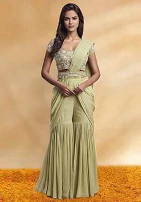 Yellow Palazzo Set With Hand Embroidered Blouse And Belt