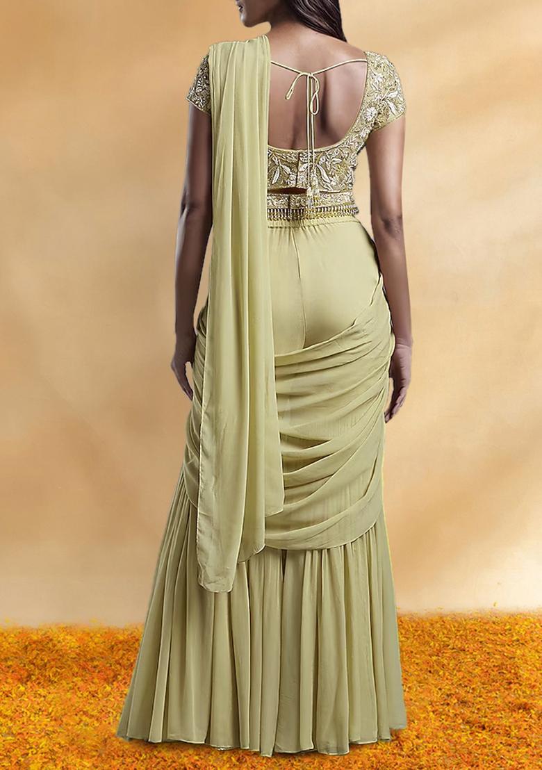 Yellow Palazzo Set With Hand Embroidered Blouse And Belt