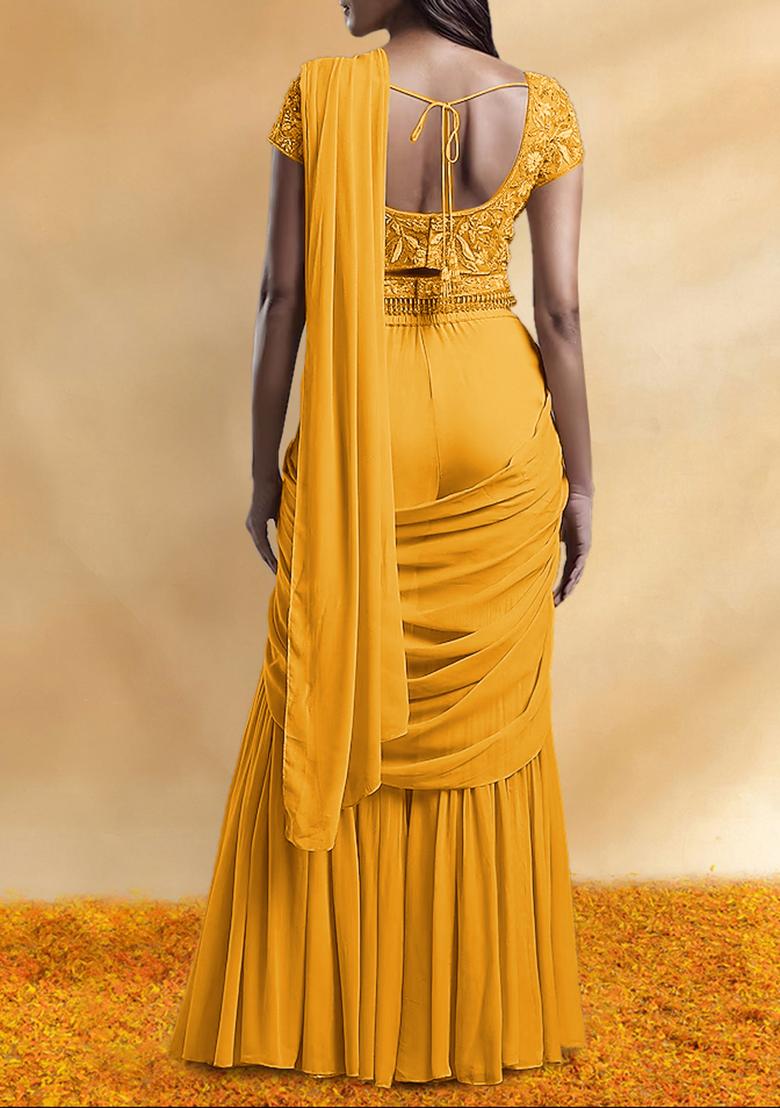 Yellow Palazzo Set With Hand Embroidered Blouse And Belt