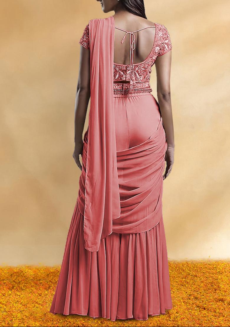 Peach Palazzo Set With Hand Embroidered Blouse And Belt