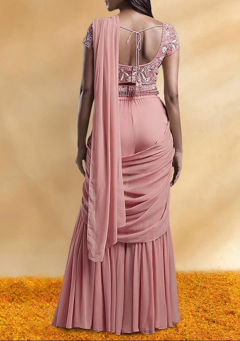 Pink Palazzo Set With Hand Embroidered Blouse And Belt