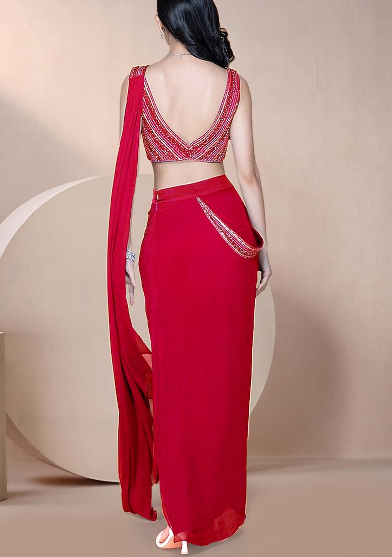 Red Skirt Set With Hand Embroidered Blouse