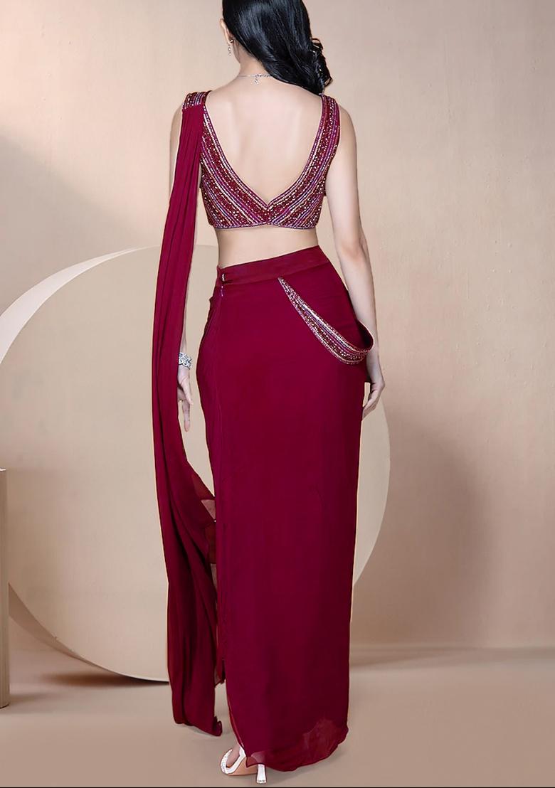 Maroon Skirt Set With Hand Embroidered Blouse