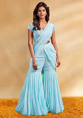 Sky Blue Palazzo Set With Hand Embroidered Blouse