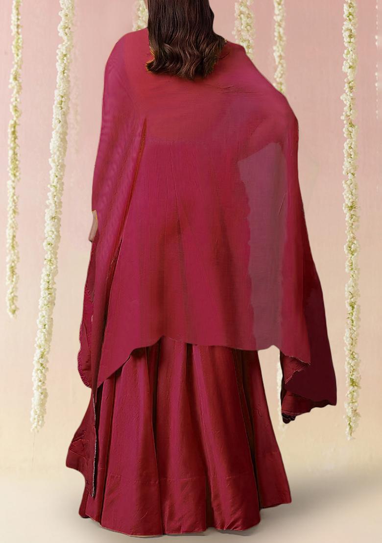 Red Jacket Set With Hand Embroidered Blouse And Skirt