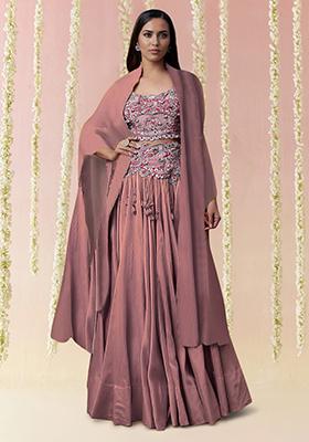 Pink Jacket Set With Hand Embroidered Blouse And Skirt