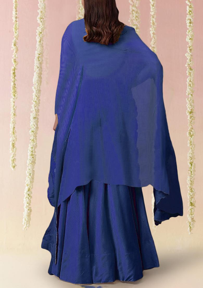 Light Blue Jacket Set With Hand Embroidered Blouse And Skirt