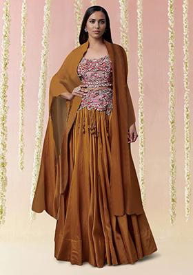 Golden Jacket Set With Hand Embroidered Blouse And Skirt