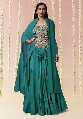 Sea Green Jacket Set With Hand Embroidered Blouse And Skirt