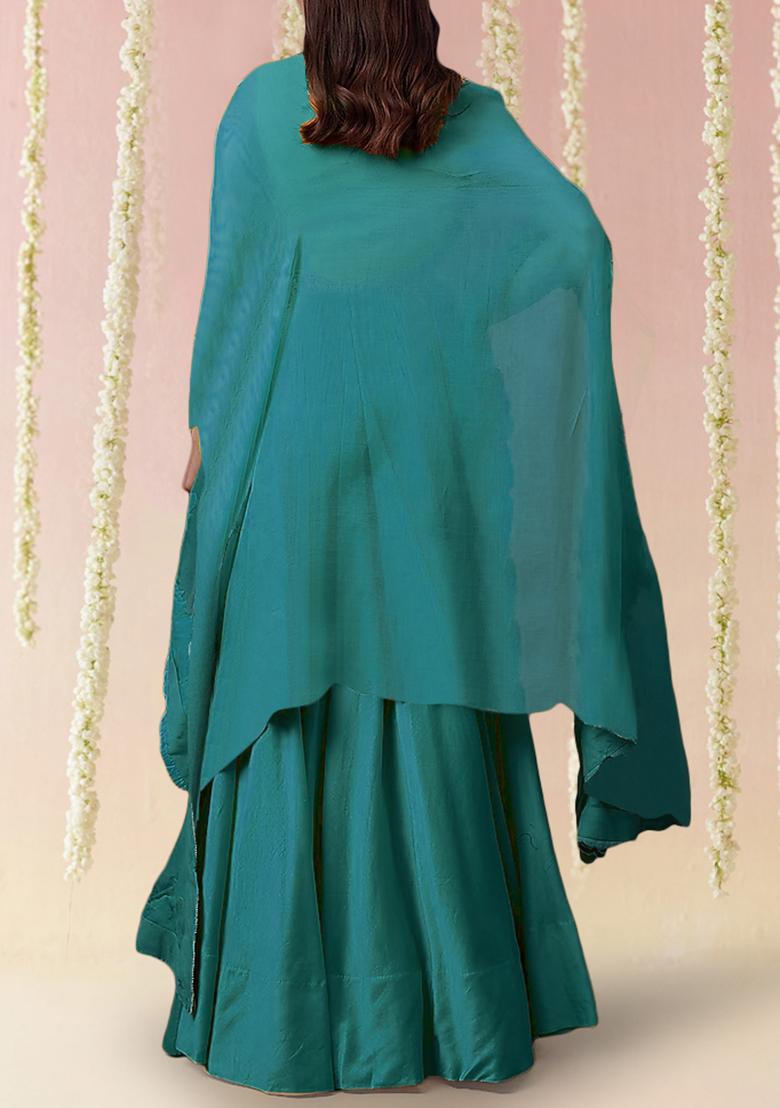 Sea Green Jacket Set With Hand Embroidered Blouse And Skirt