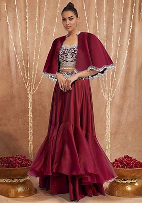 Red Jacket Set With Hand Embroidered Blouse And Skirt