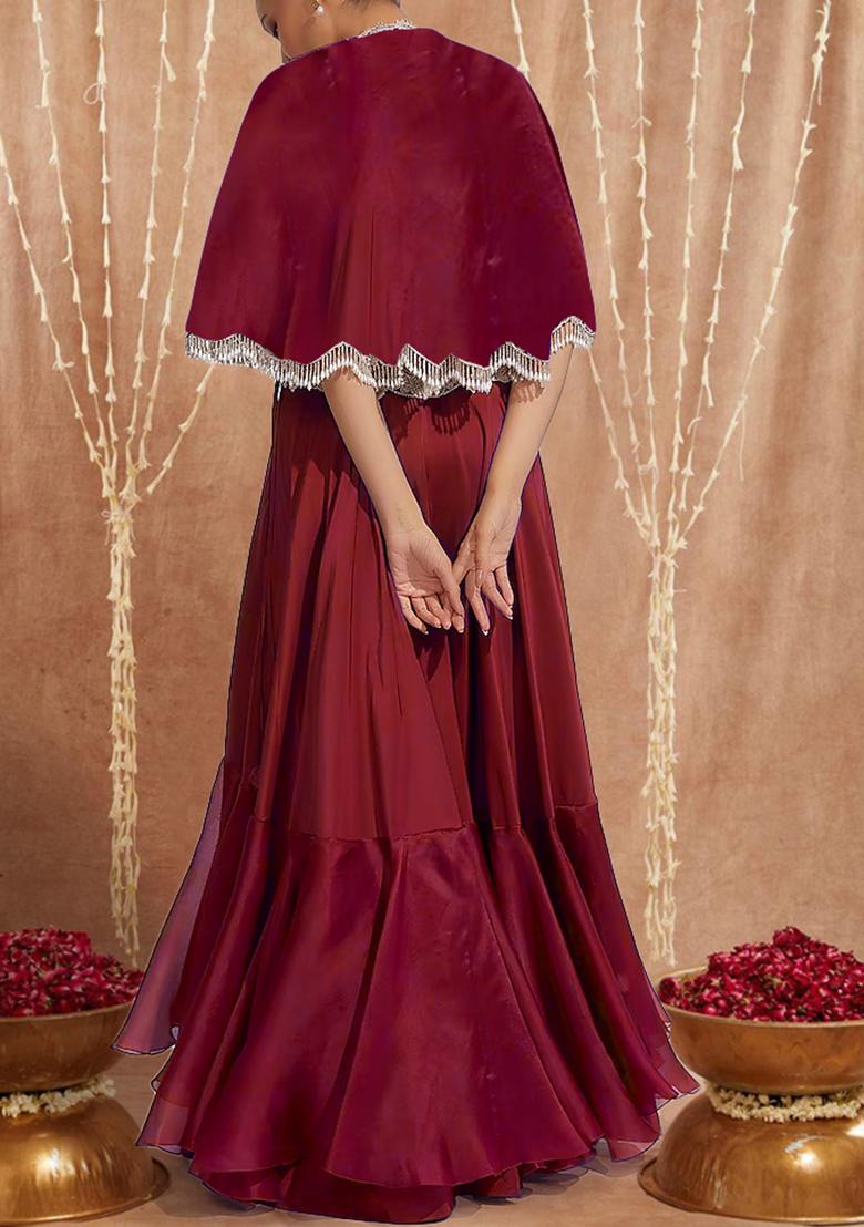 Red Jacket Set With Hand Embroidered Blouse And Skirt