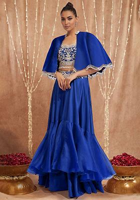 Blue Jacket Set With Hand Embroidered Blouse And Skirt