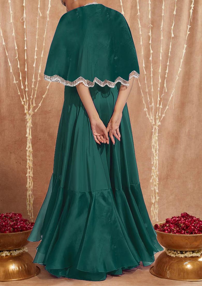 Green Jacket Set With Hand Embroidered Blouse And Skirt