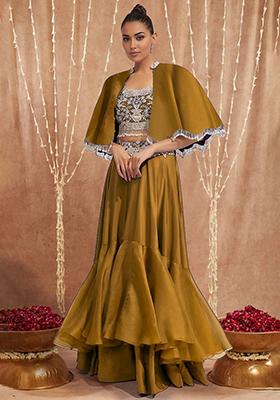Golden Jacket Set With Hand Embroidered Blouse And Skirt