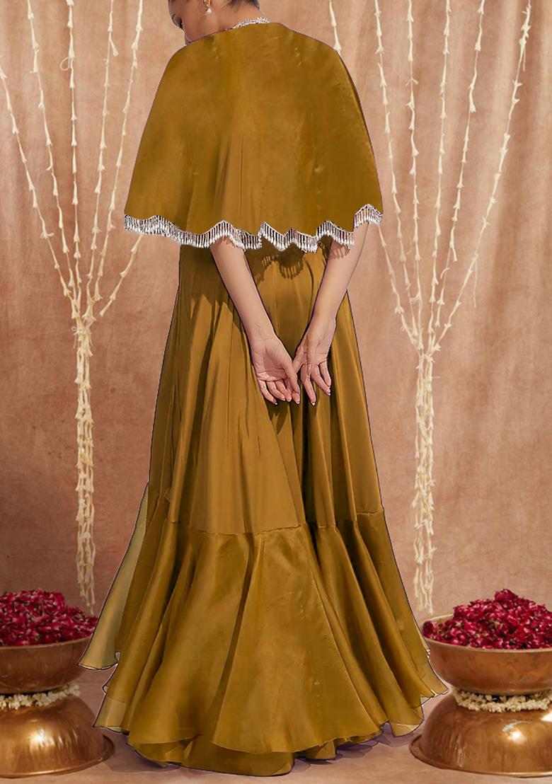 Golden Jacket Set With Hand Embroidered Blouse And Skirt