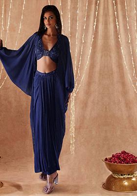 Blue Jacket Set With Hand Embroidered Blouse And Skirt