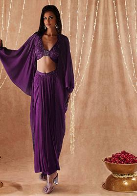 Purple Jacket Set With Hand Embroidered Blouse And Skirt