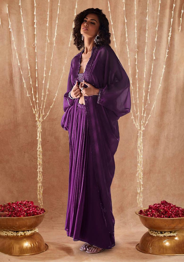 Purple Jacket Set With Hand Embroidered Blouse And Skirt