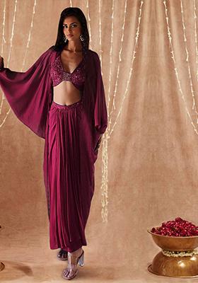 Pink Jacket Set With Hand Embroidered Blouse And Skirt